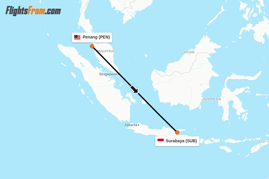 Flights from Penang to Surabaya route map