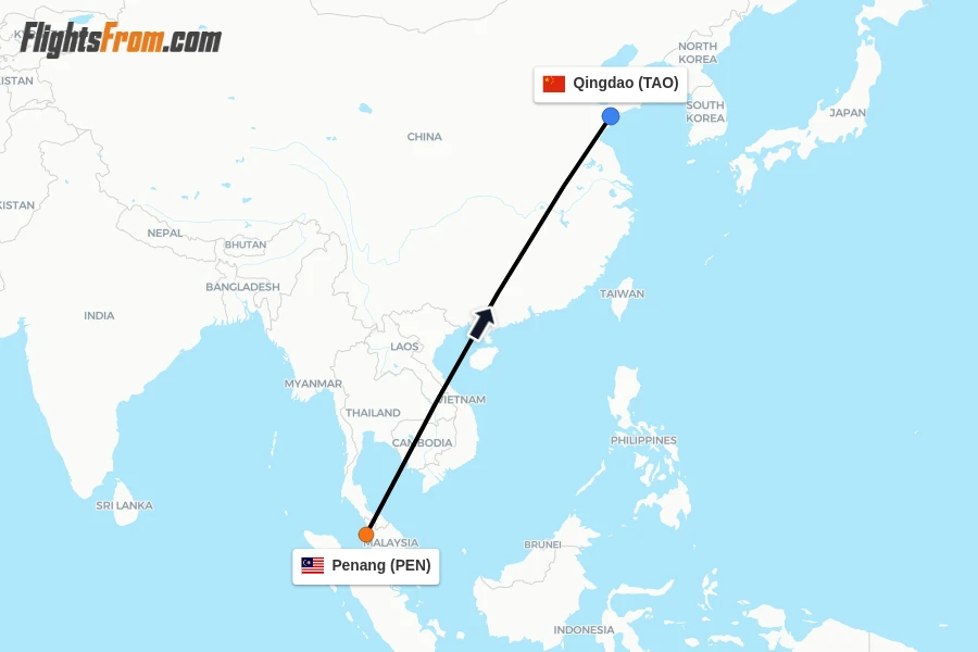 Flights from Penang to Qingdao route map