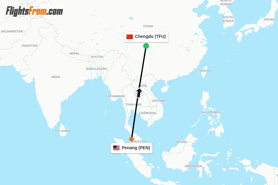 Flights from Penang to Chengdu route map