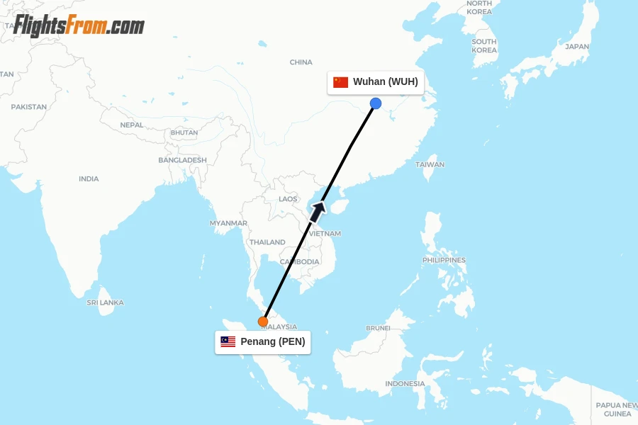 Flights from Penang to Wuhan route map