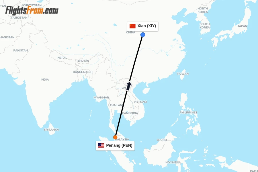 Flights from Penang to Xian route map