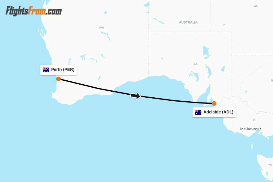 Flights from Perth to Adelaide route map