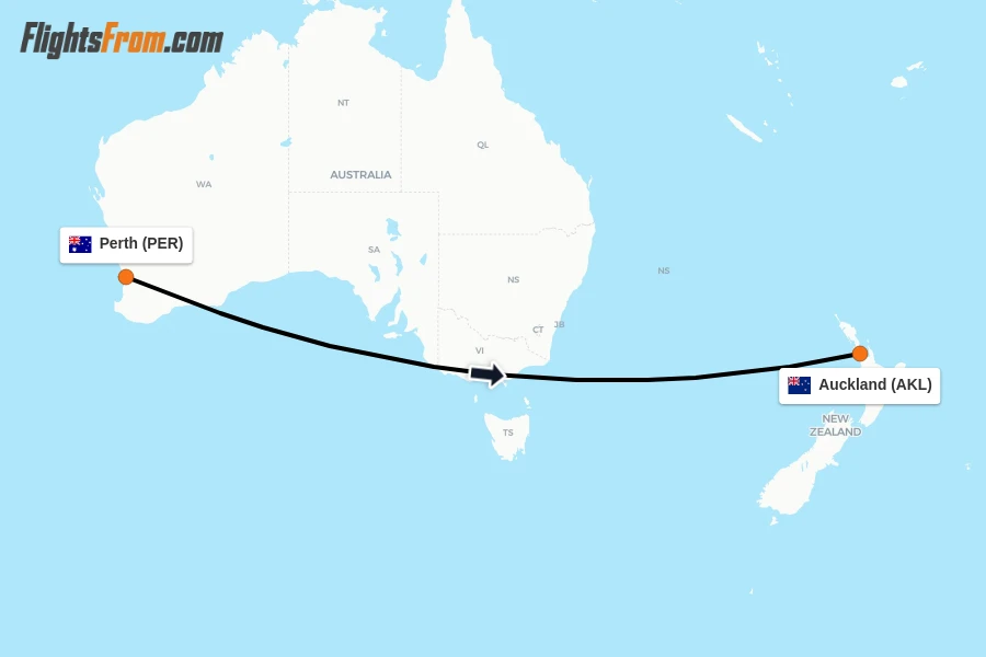 Flights from Perth to Auckland route map