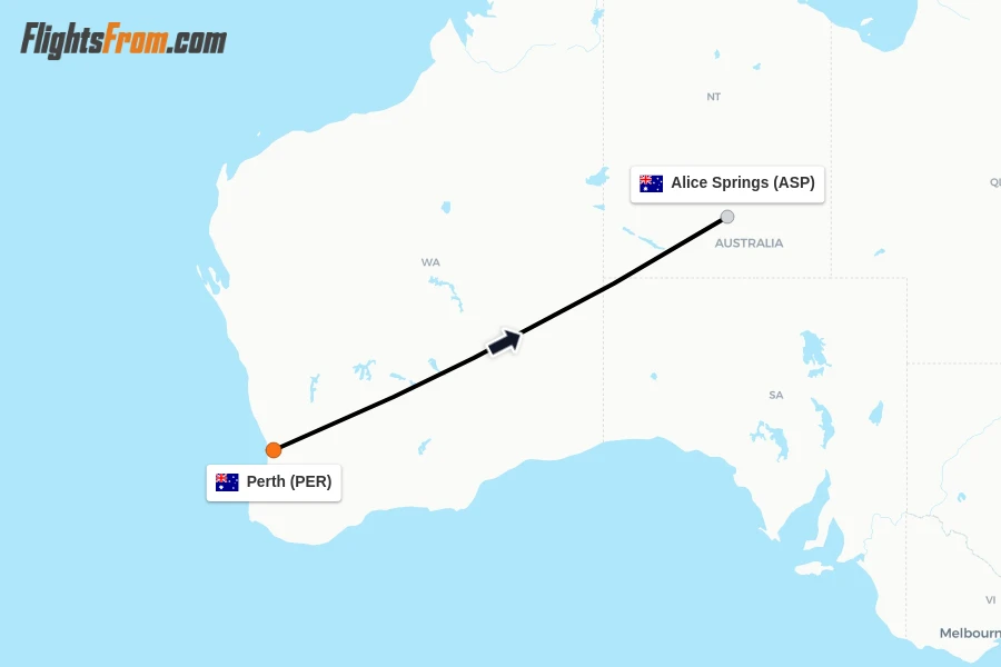 Flights from Perth to Alice Springs route map