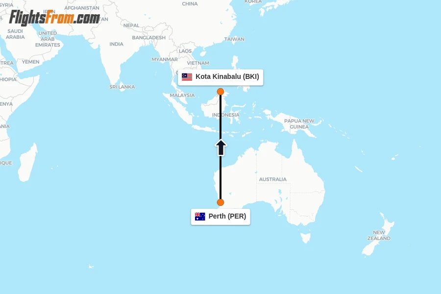 Flights from Perth to Kota Kinabalu route map