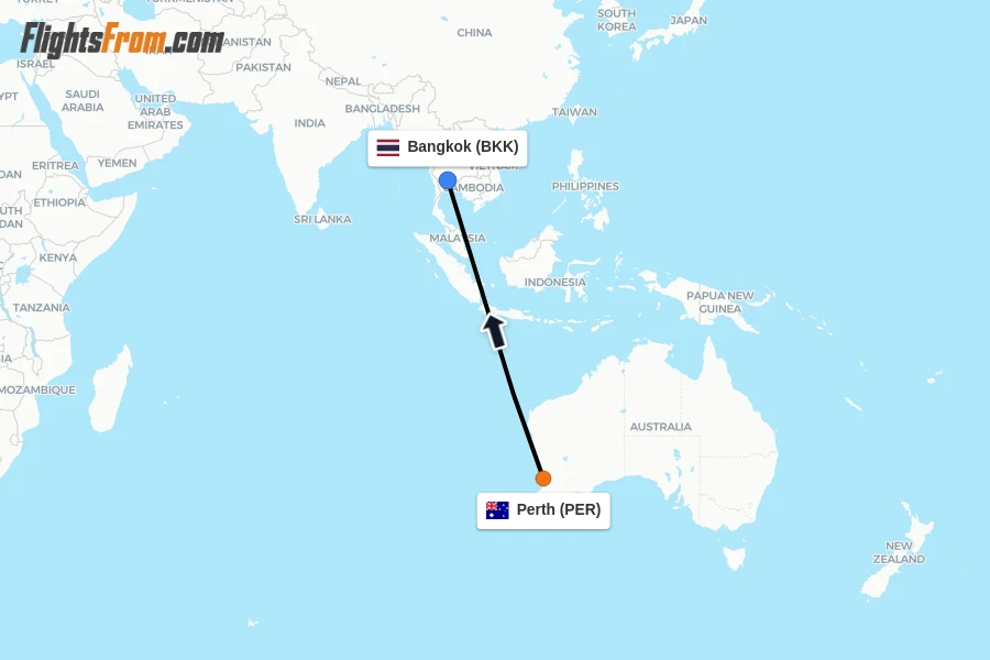 Flights from Perth to Bangkok route map