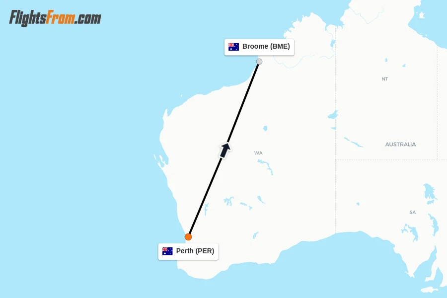 Flights from Perth to Broome route map