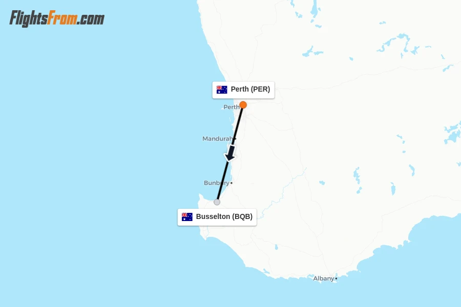 Flights from Perth to Busselton route map