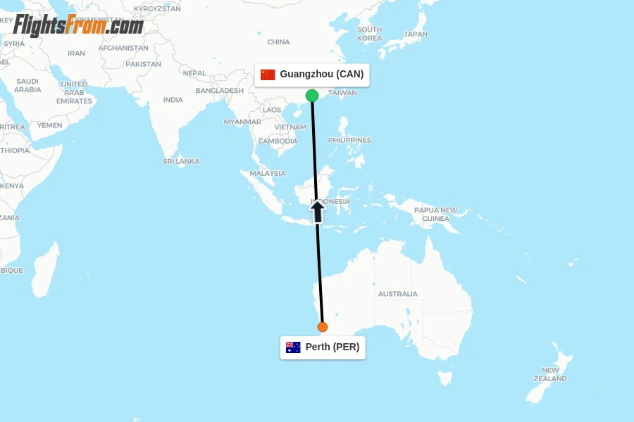 Flights from Perth to Guangzhou route map