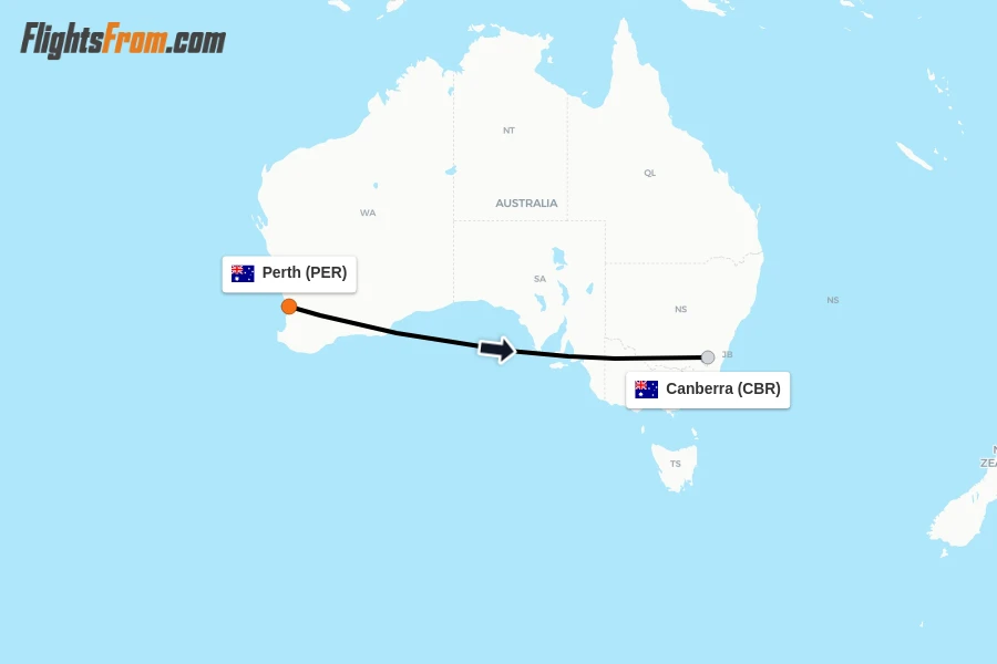 Flights from Perth to Canberra route map
