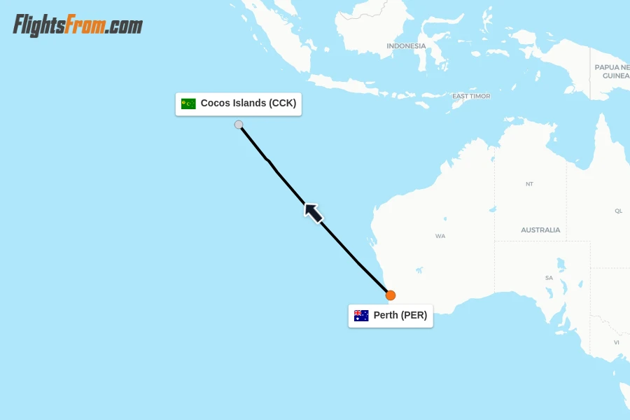 Flights from Perth to Cocos Islands route map