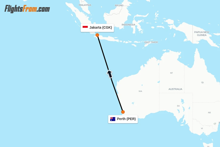 Flights from Perth to Jakarta route map