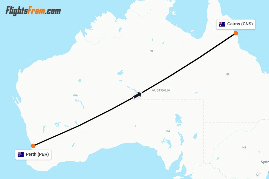 Flights from Perth to Cairns route map