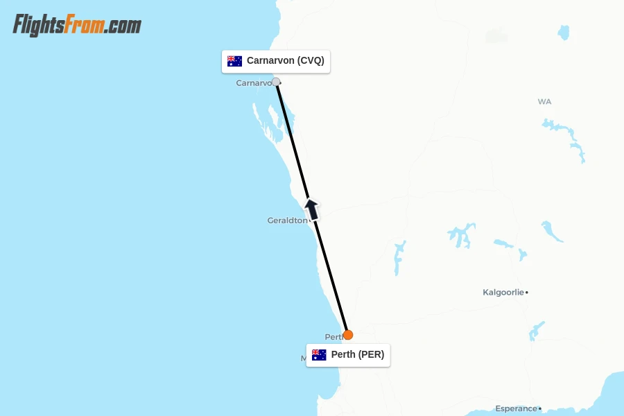 Flights from Perth to Carnarvon route map