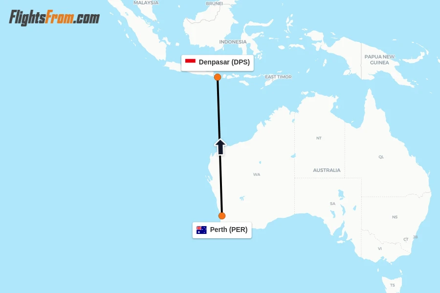 Flights from Perth to Denpasar route map