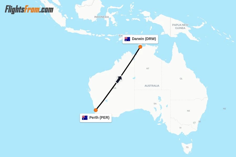 Flights from Perth to Darwin route map