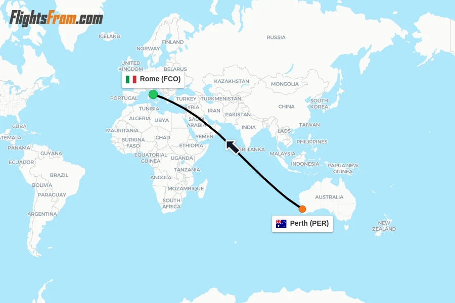 Flights from Perth to Rome route map