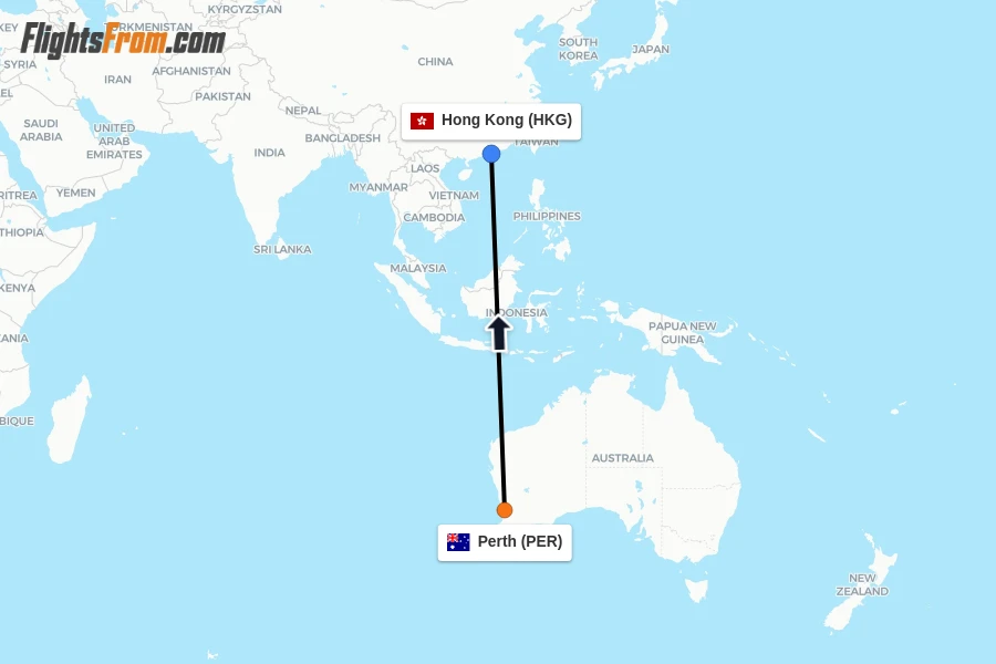 Flights from Perth to Hong Kong route map