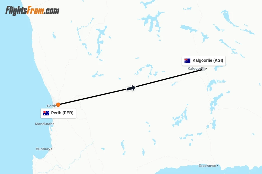 Flights from Perth to Kalgoorlie route map
