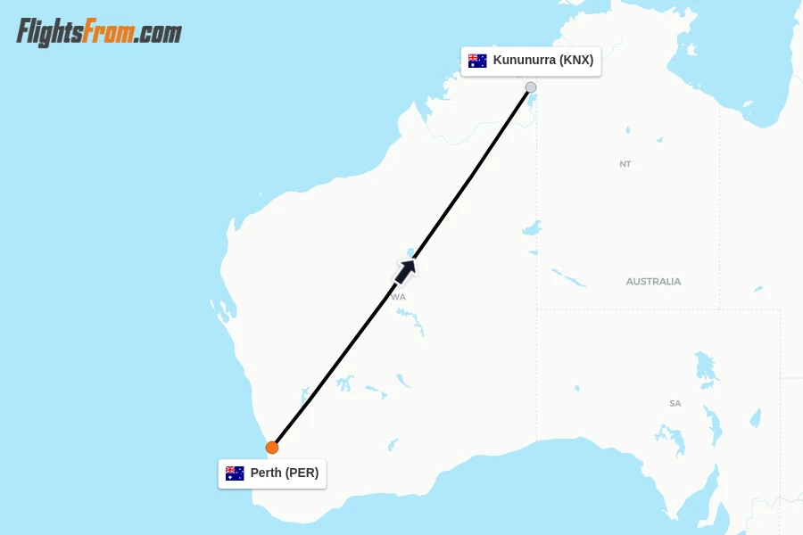Flights from Perth to Kununurra route map