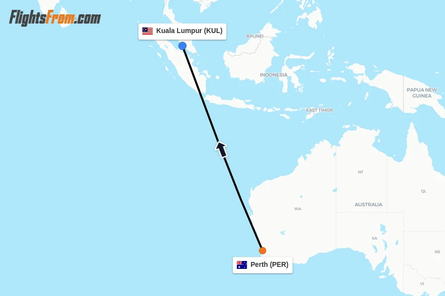 Flights from Perth to Kuala Lumpur route map
