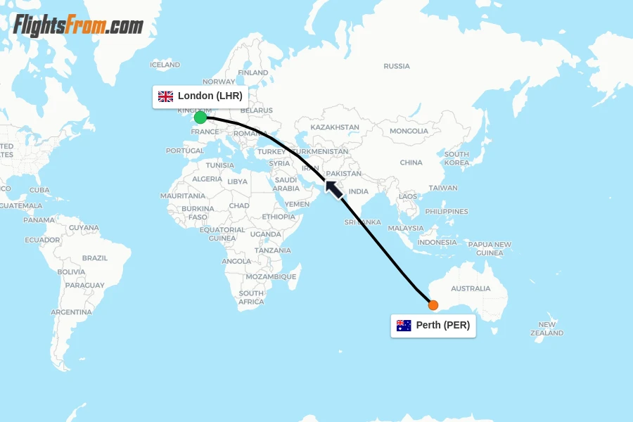 Flights from Perth to London route map