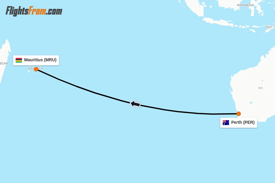 Flights from Perth to Mauritius route map