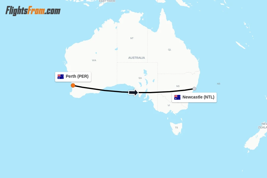 Flights from Perth to Newcastle route map