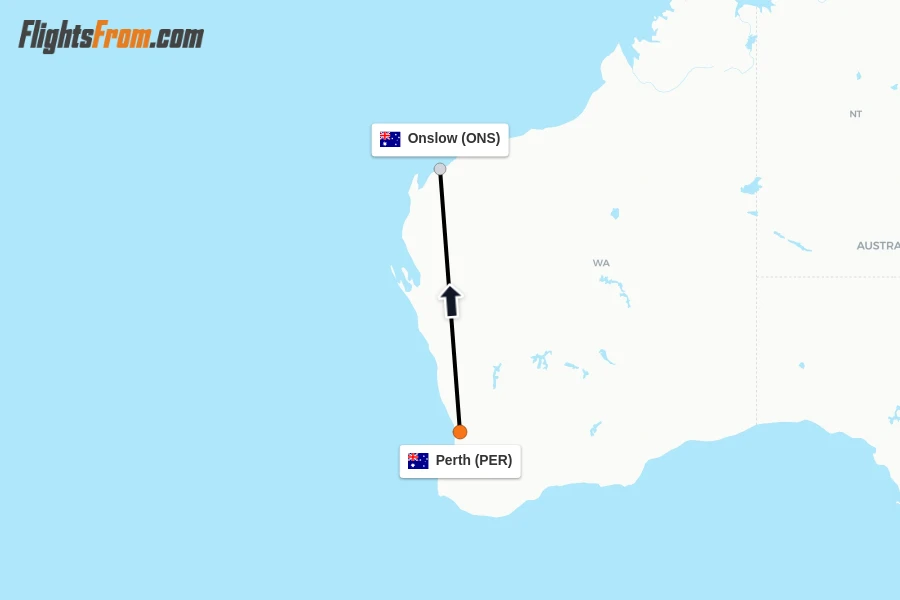 Flights from Perth to Onslow route map
