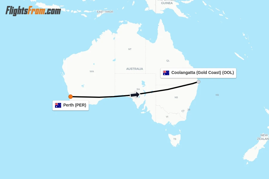 Flights from Perth to Coolangatta (Gold Coast) route map