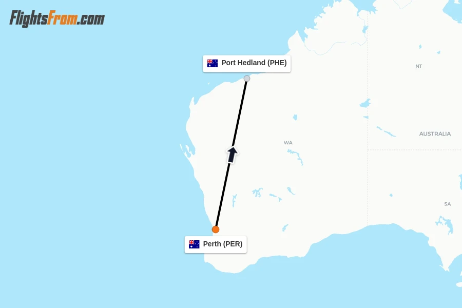Flights from Perth to Port Hedland route map
