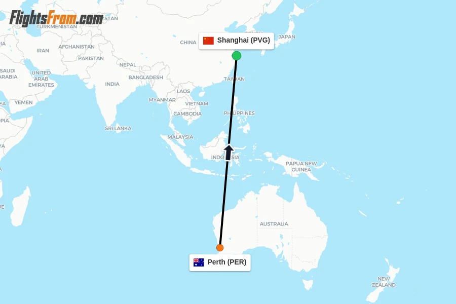 Flights from Perth to Shanghai route map