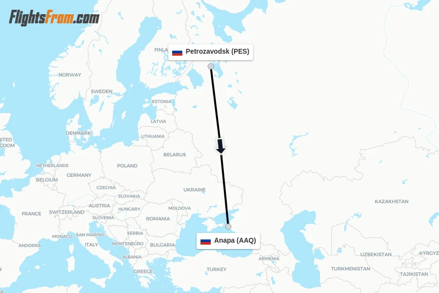 Flights from Petrozavodsk to Anapa route map