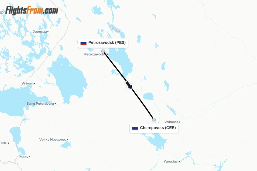 Flights from Petrozavodsk to Cherepovets route map