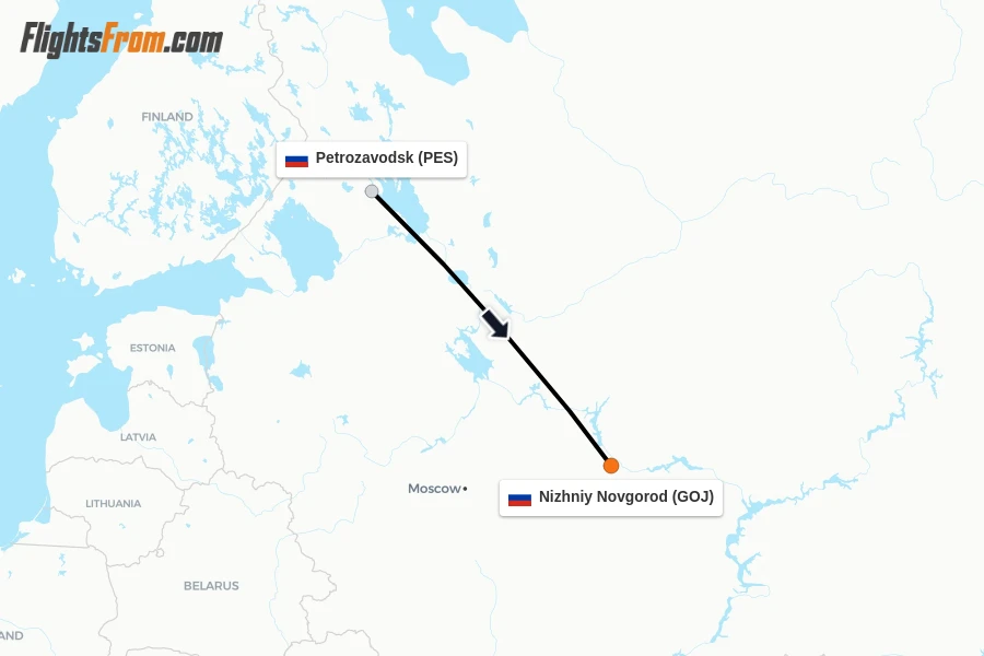 Flights from Petrozavodsk to Nizhniy Novgorod route map