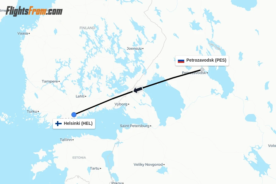 Flights from Petrozavodsk to Helsinki route map