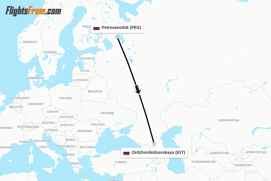 Flights from Petrozavodsk to Ordzhonikidzevskaya route map