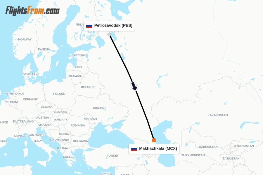 Flights from Petrozavodsk to Makhachkala route map