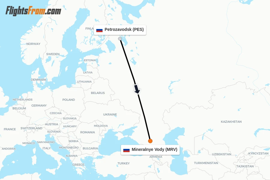 Flights from Petrozavodsk to Mineralnye Vody route map