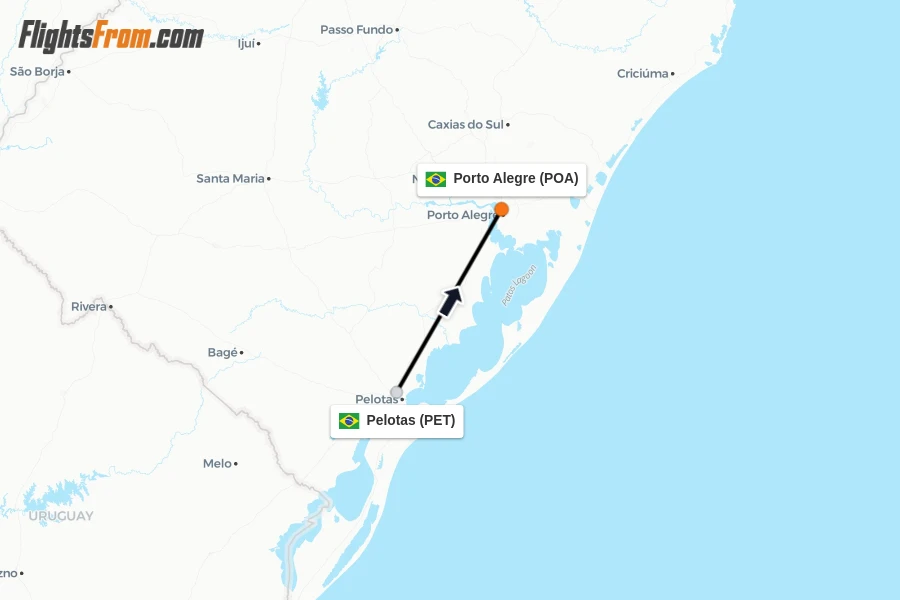 Flights from Pelotas to Porto Alegre route map