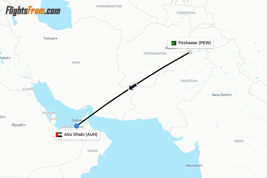 Flights from Peshawar to Abu Dhabi route map