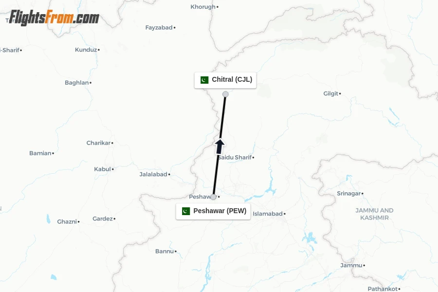 Flights from Peshawar to Chitral route map