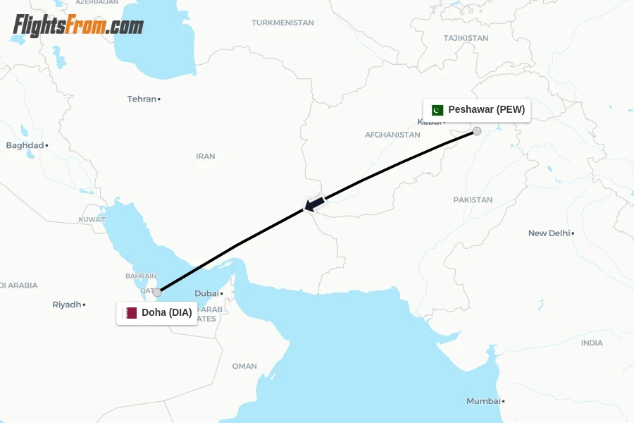 Flights from Peshawar to Doha route map