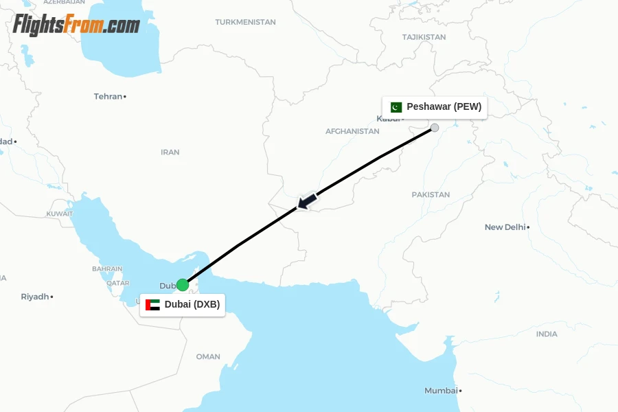 Flights from Peshawar to Dubai route map