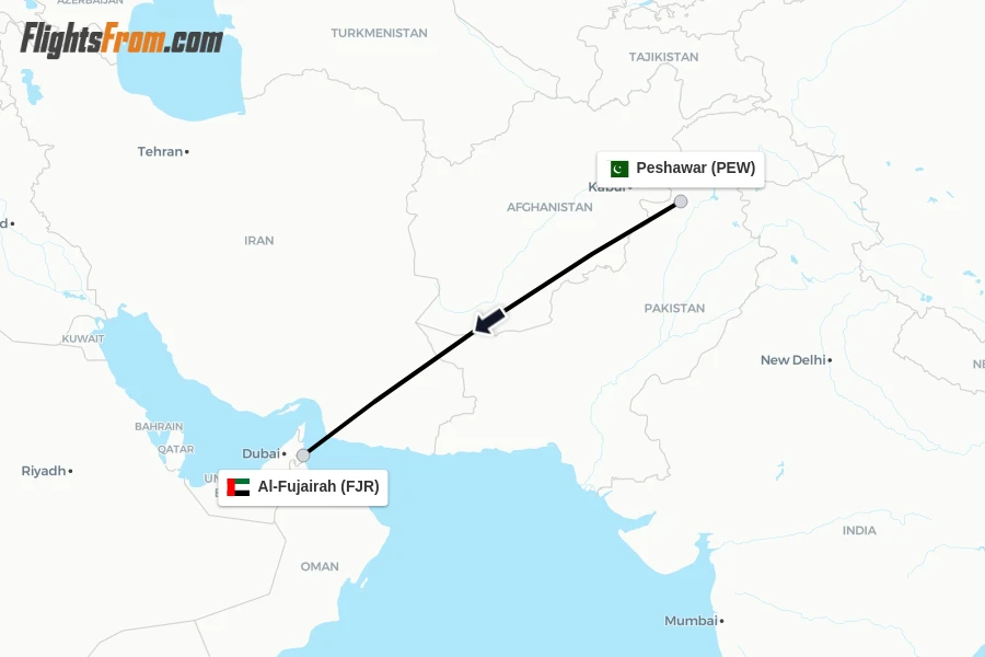 Flights from Peshawar to Al-Fujairah route map
