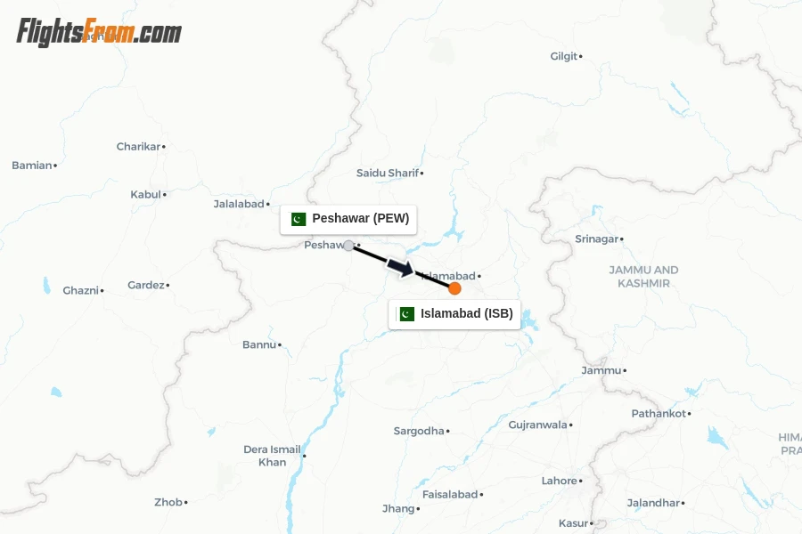 Flights from Peshawar to Islamabad route map
