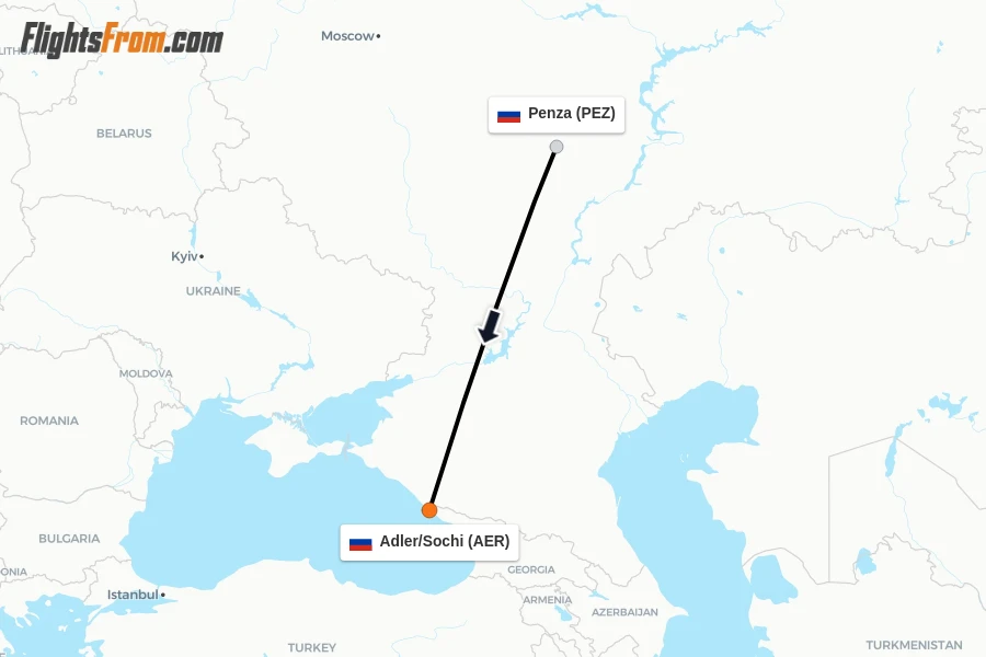 Flights from Penza to Adler/Sochi route map