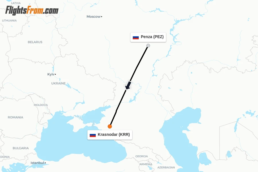 Flights from Penza to Krasnodar route map