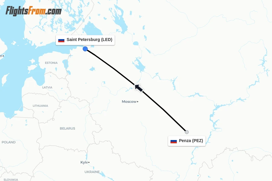 Flights from Penza to Saint Petersburg route map
