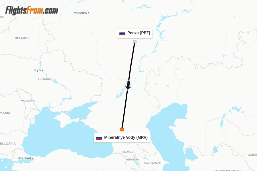 Flights from Penza to Mineralnye Vody route map